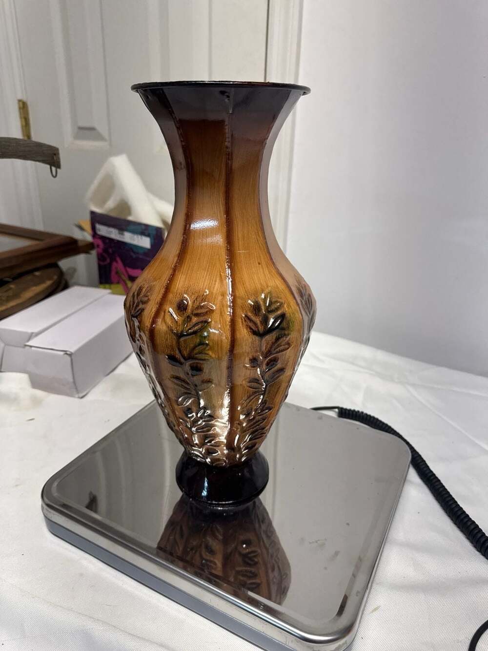 Kirkland's Home Brown & Green Embossed Leaf Metal Vase